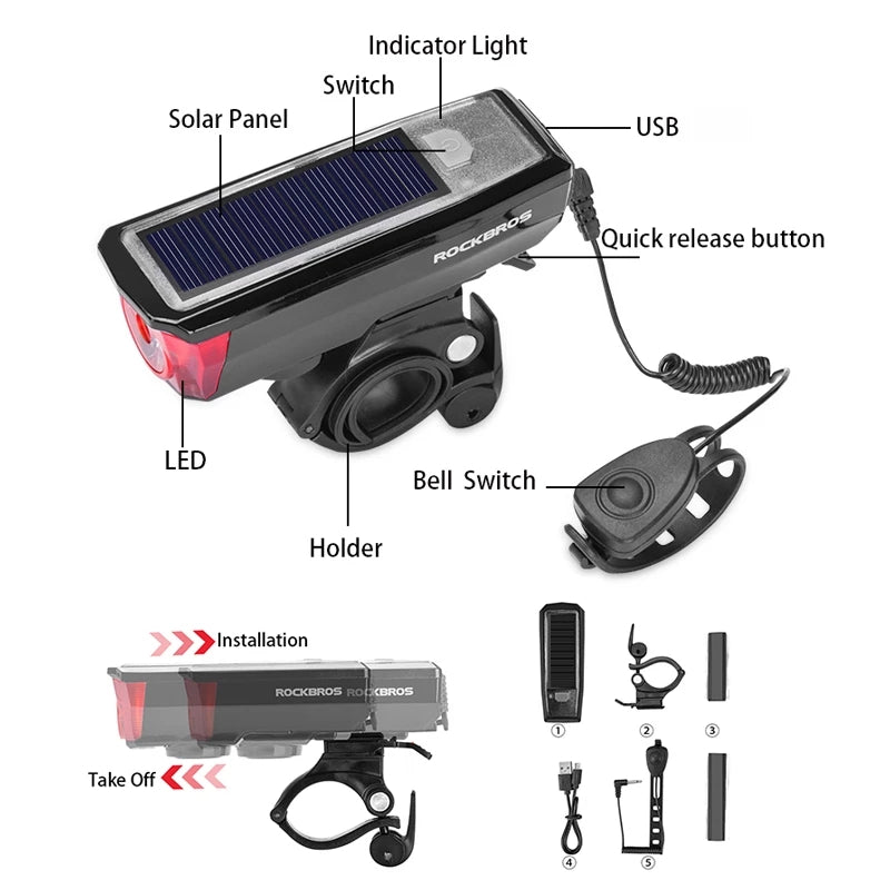 Luz delantera para bicicleta con timbre y recarga solar HJ-052W Rockbros